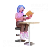 女人坐在椅子上看书，拿着咖啡 Woman Sit On Chair Reading Book And Holding Coffee