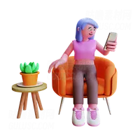 年轻女孩坐在沙发上，使用智能手机 Young Girl Sit On Sofa And Using Smartphone