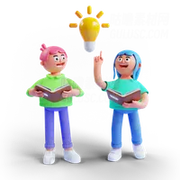 男孩和女孩背着带灯的书 Boy and girl carrying book with light idea lamp