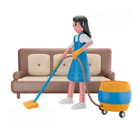 女孩打扫房子 Girl cleaning the house