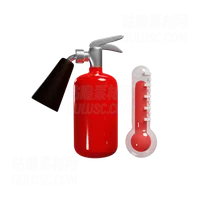 红色灭火器和热温度计降低温度 Red Fire Extinguisher And Hot Thermometer Lowering Of Temperature