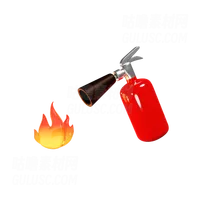 红色灭火器和燃烧的火 Red Fire Extinguisher And Burning Fire