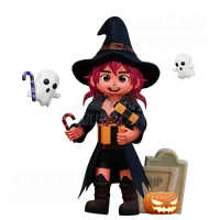 手持万圣节礼物的女巫女孩 Witch Girl Holding Halloween Gift