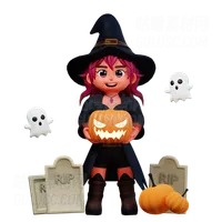 女巫女孩拿着可怕的南瓜 Witch Girl Holding Scary Pumpkin