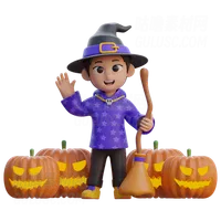 穿着南瓜头巫师服装的男孩 Boy in Wizard Costume with Pumpkin Head