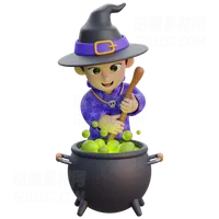 穿着巫师服装的男孩带着毒锅 Boy in Wizard Costume with Poison Cauldron
