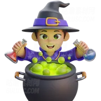 穿着巫师服装的男孩带着毒锅 Boy in Wizard Costume with Poison Cauldron