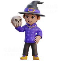 穿着带头骨的巫师服装的男孩 Boy in Wizard Costume with Skull