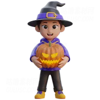 穿着南瓜头巫师服装的男孩 Boy in Wizard Costume with Pumpkin Head