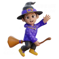 穿着巫师服装的男孩带着魔法扫帚飞翔 Boy in Wizard Costume Flying with Magic Broom