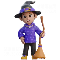 穿着魔法扫帚的巫师服装的男孩 Boy in Wizard Costume with Magic Broom