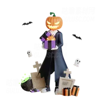 南瓜人拿着万圣节糖果 Pumpkin man holding Halloween candies