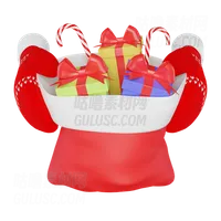 红色针织连指手套拿着圣诞老人包，里面有礼物和糖果 Red knitted mittens holding a santa claus bag with gifts and sweets