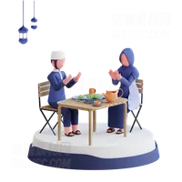 穆斯林夫妇在开斋前祈祷 Muslim couple praying before having iftar