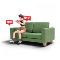 短发女孩坐在沙发上从社交媒体获得喜欢 Short haired girl getting likes from social media while sitting on sofa