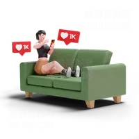 短发女孩坐在沙发上从社交媒体获得喜欢 Short haired girl getting likes from social media while sitting on sofa