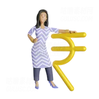 站在卢比符号旁边的印度女商人 Indian business woman standing beside rupee symbol