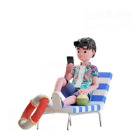 坐在沙滩椅上的男孩使用手机 Boy using mobile while sitting on beach chair