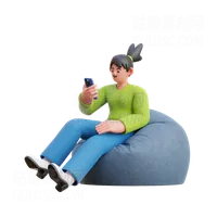 女人看着坐在豆袋上的智能手机 Woman Look At Smartphone Sitting On Bean Bag